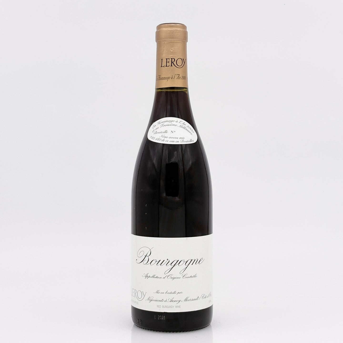 Bottle of Bourgogne wine with a visible label on a white background